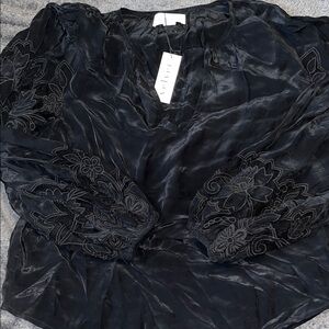 Velvet by Graham & Spencer Black Sheer Blouse with Embroidery